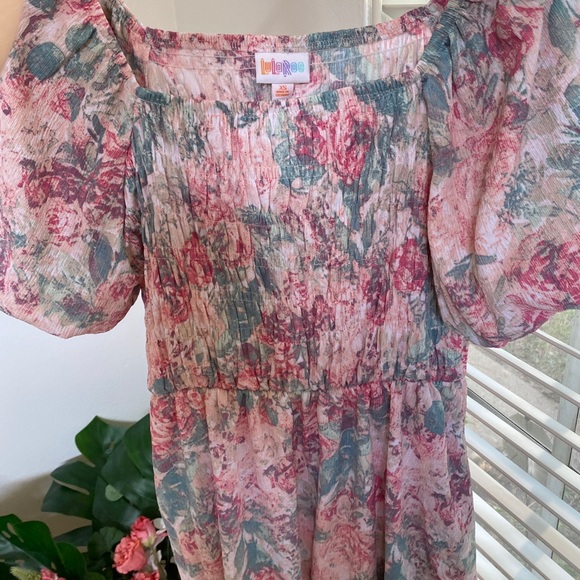 NWT LuLaRoe Alina Floral Smocked Puff Sleeve Nap Dress w Pockets | Pink Pastel - Picture 13 of 14